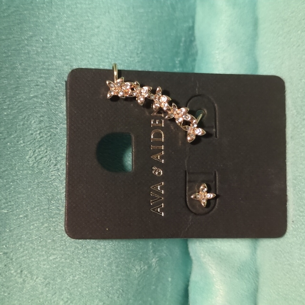 Ava & Aiden Gold Tone Flower Stud Earrings & Matching 1" Ear Cuff | Dainty & Mod - Picture 1 of 5